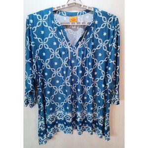 Ruby Rd Woman Blue Knit Tunic Women's Top, 3X, Geometric Medallion